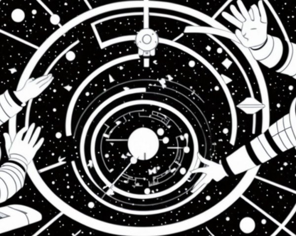 Astronauts and Cosmic Vortex in Black-and-White Design