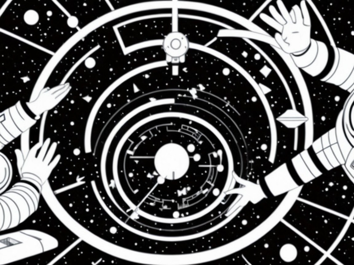 Astronauts and Cosmic Vortex in Black-and-White Design