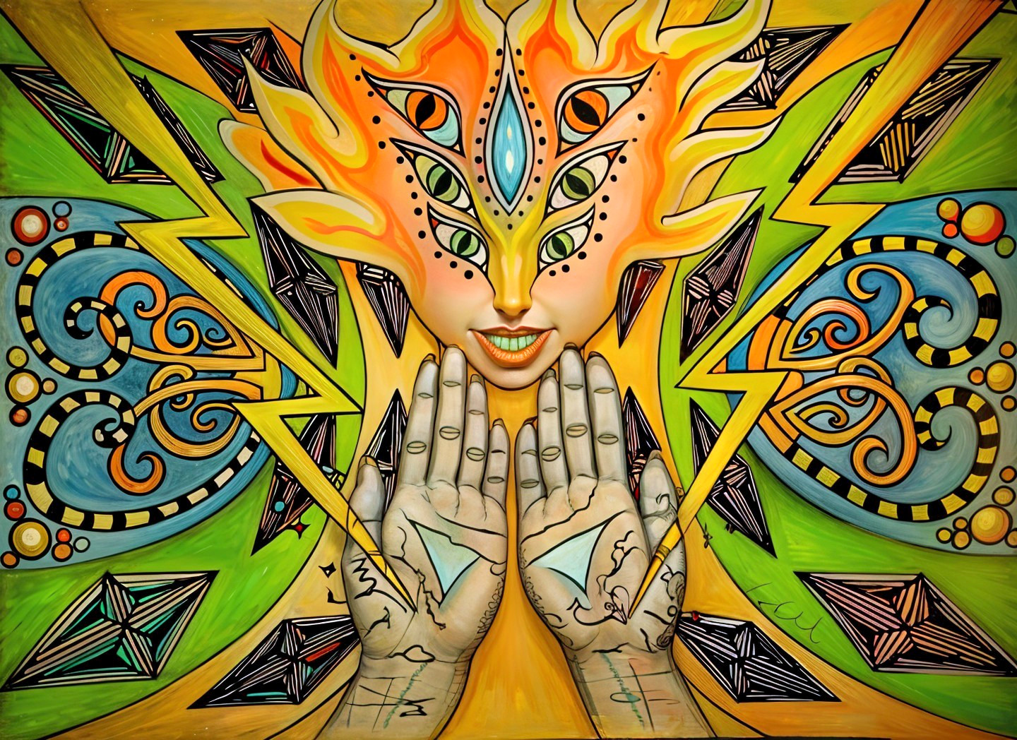 Surreal Artwork with Vibrant Face and Fiery Hair