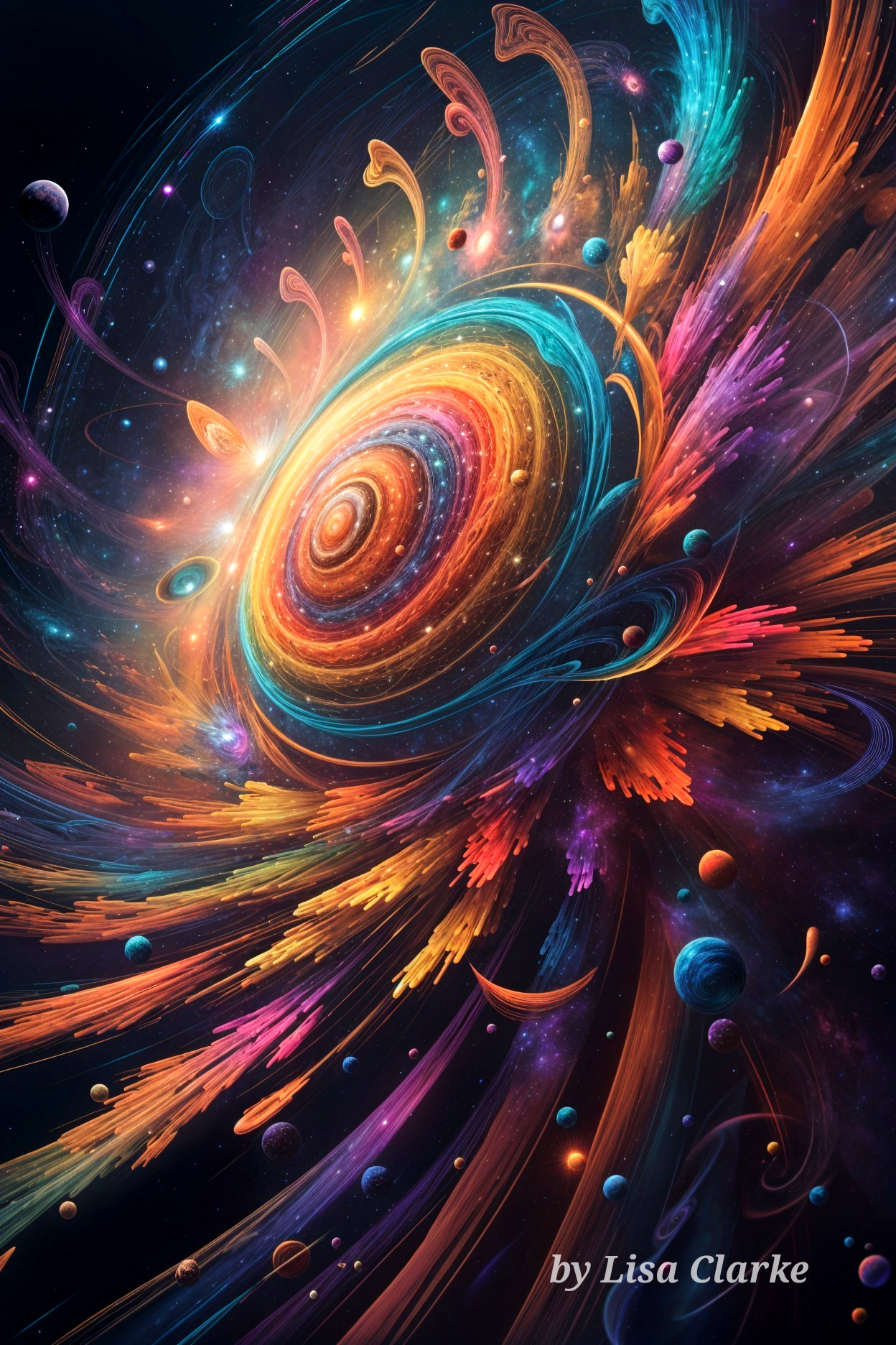 Vibrant Cosmic Scene with Spiral Galaxy and Colors