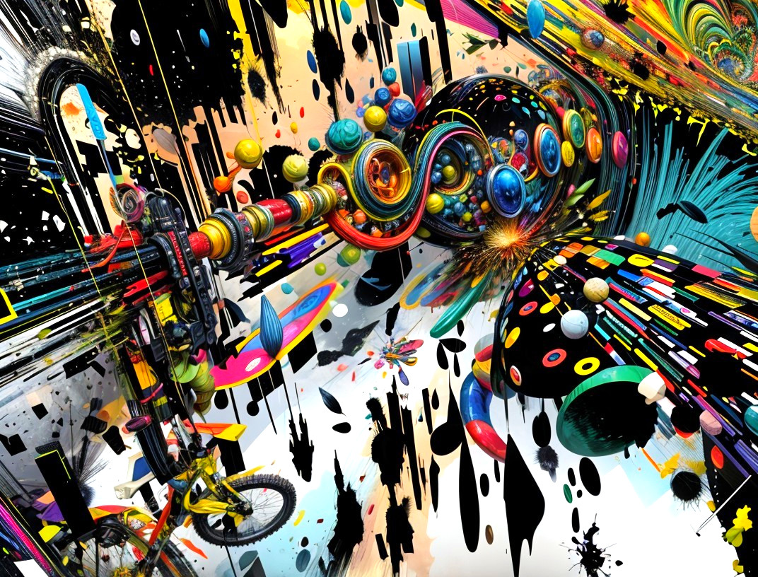 Vibrant Abstract Art with Bicycle and Cosmic Patterns