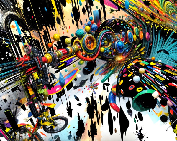 Vibrant Abstract Art with Bicycle and Cosmic Patterns
