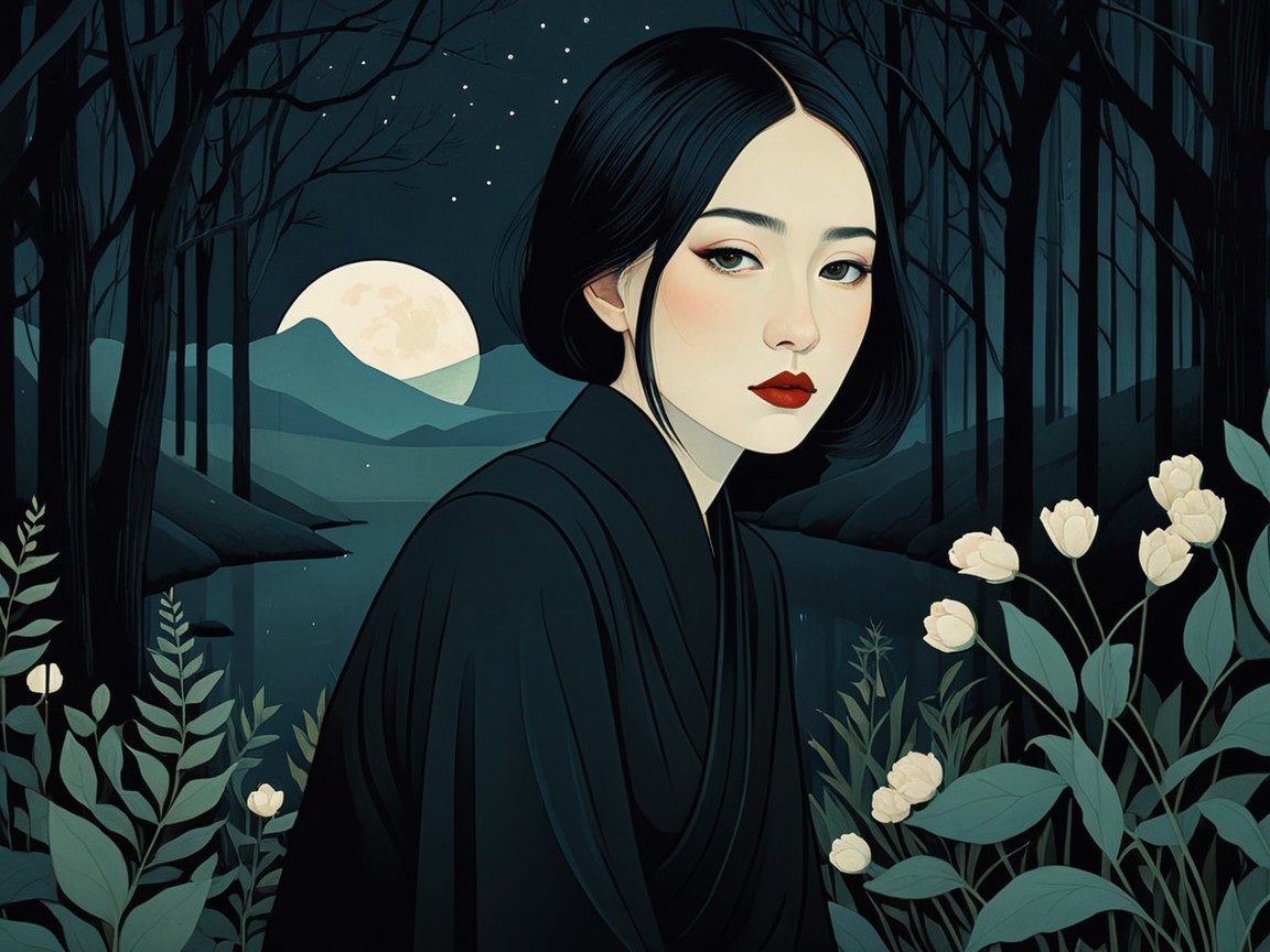 Serene Woman in Elegant Outfit by a Moonlit Lake
