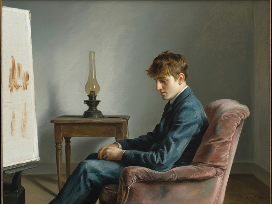 Young man in contemplation seated in pink armchair