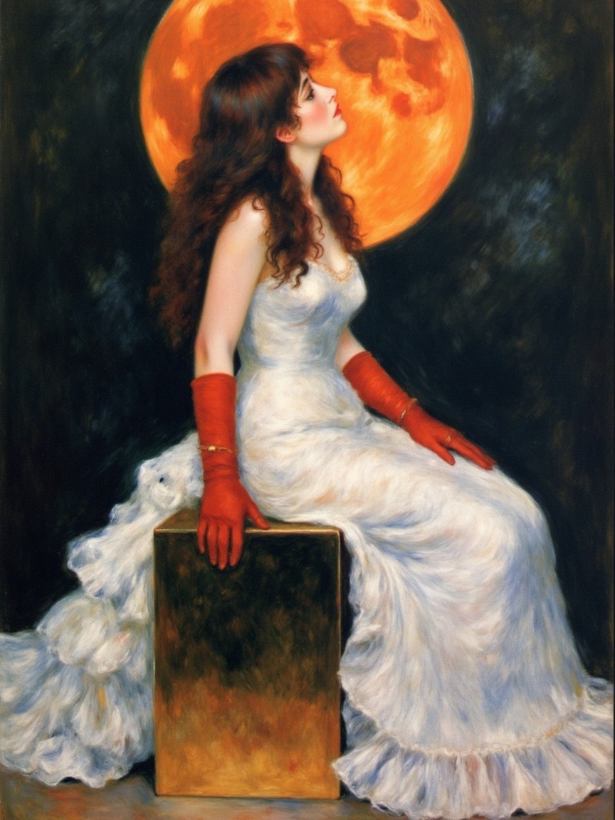 Woman in White Gown with Full Moon Background