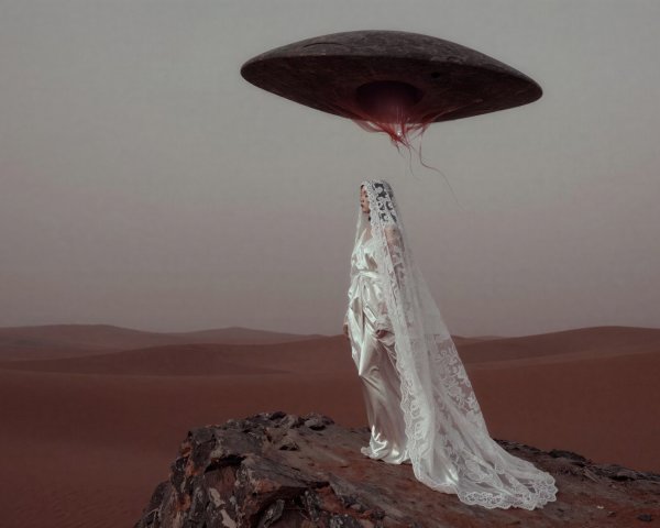 Full Body Portrait of Woman in Wedding Dress and UFO