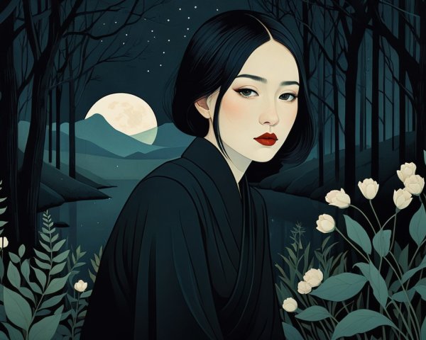 Serene Woman in Elegant Outfit by a Moonlit Lake