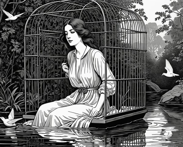 Woman in white dress inside birdcage on river