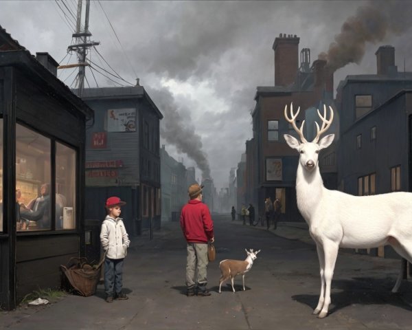 Misty Town Scene with Children and White Deer