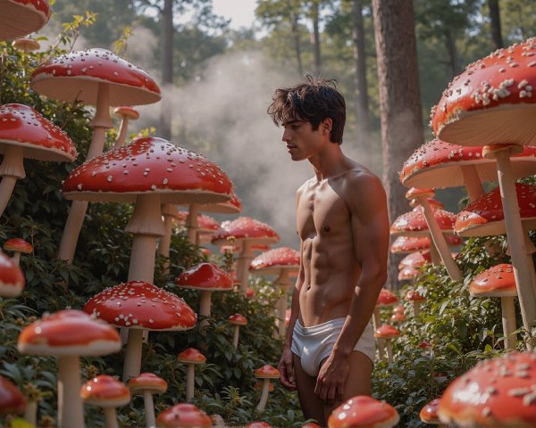 Young man in vibrant forest with oversized red mushrooms