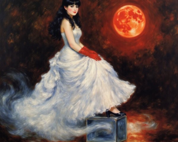 Elegant Woman in White Gown with Red Moon Background