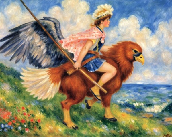 Young girl riding a griffin on a grassy hillside