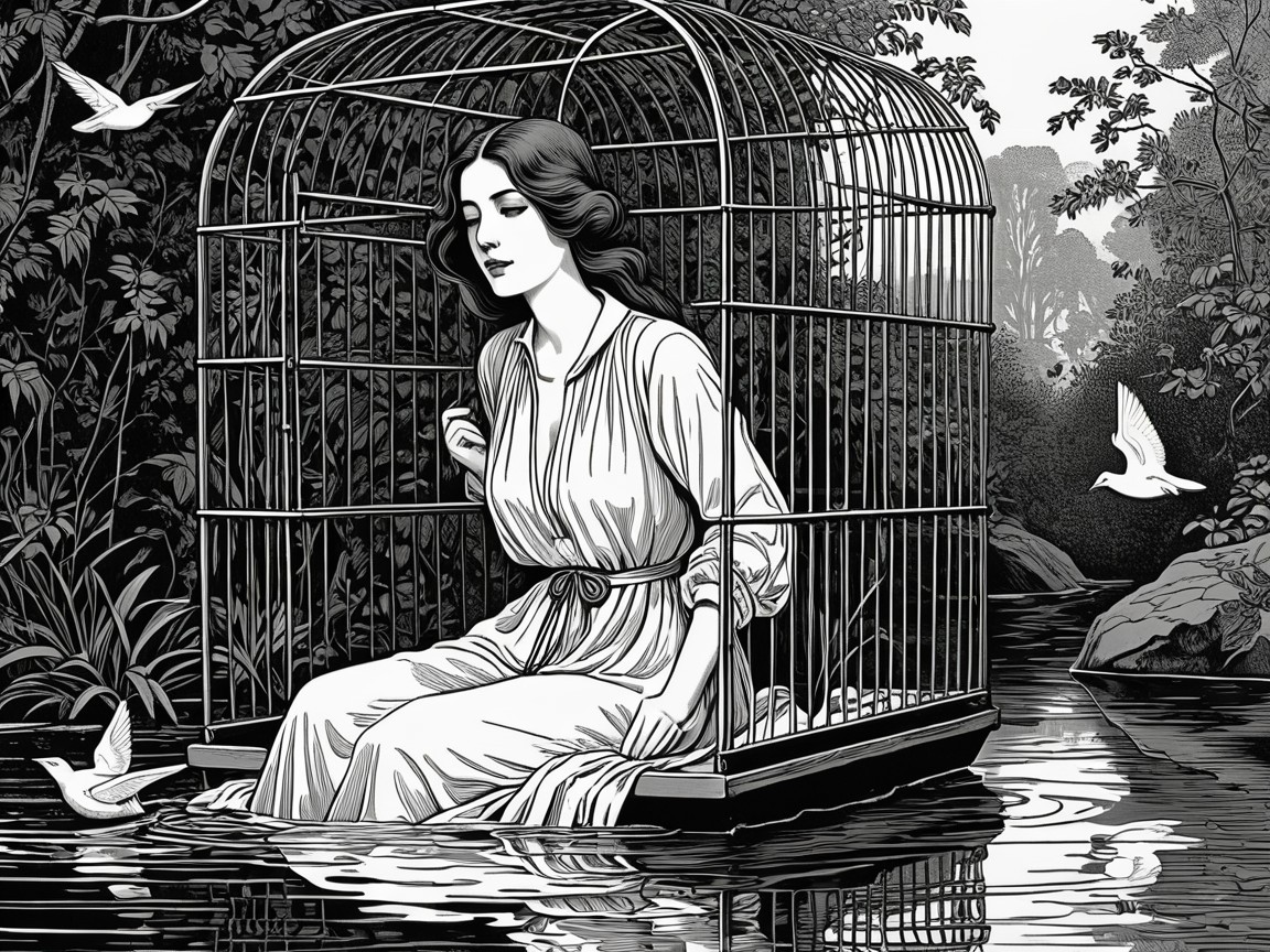 Woman in white dress inside birdcage on river