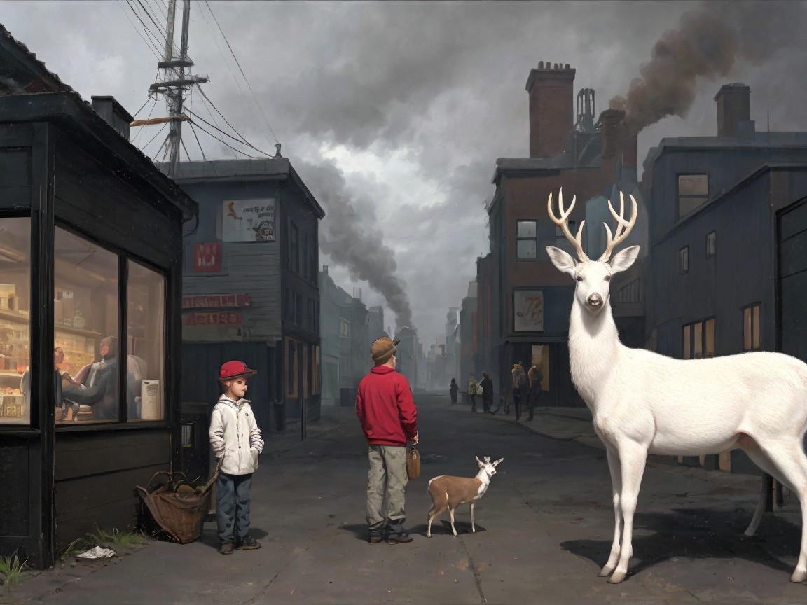 Misty Town Scene with Children and White Deer