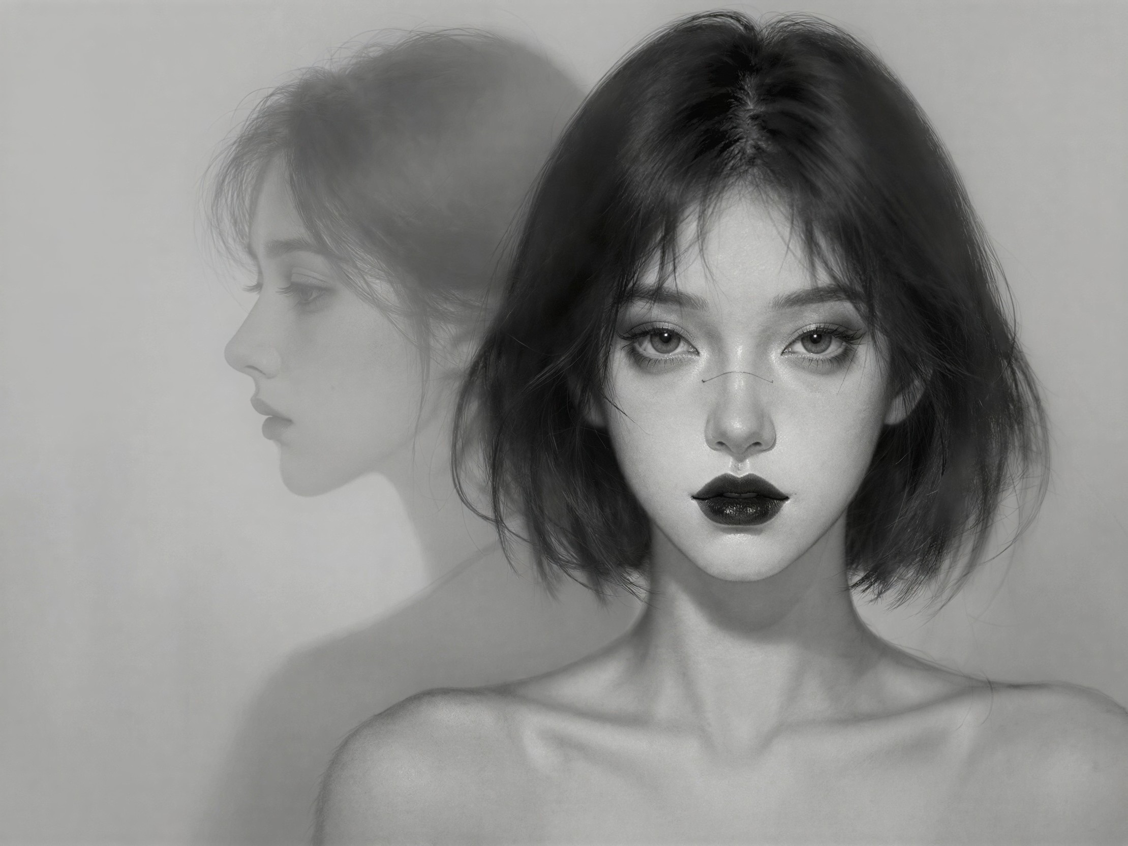 Black and white portrait of a woman with makeup