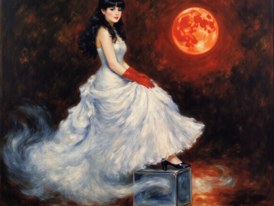 Elegant Woman in White Gown with Red Moon Background