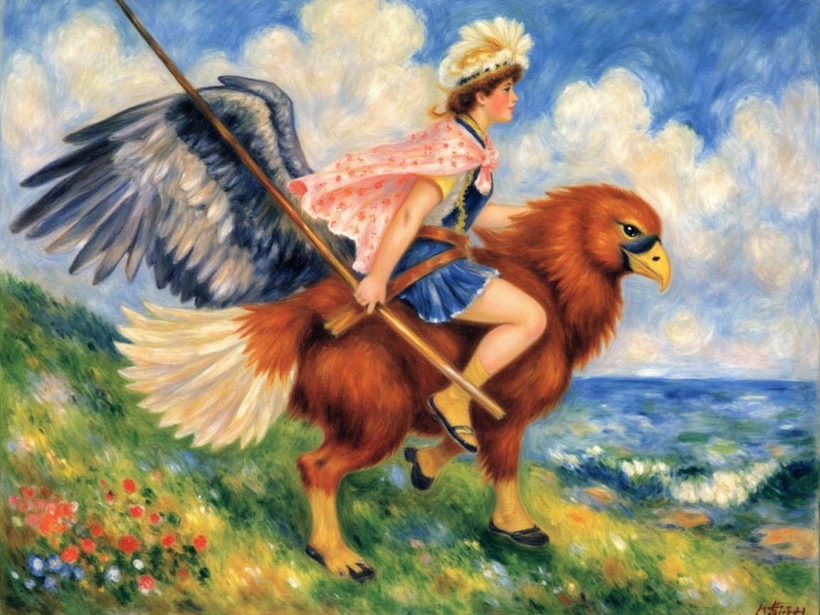 Young girl riding a griffin on a grassy hillside