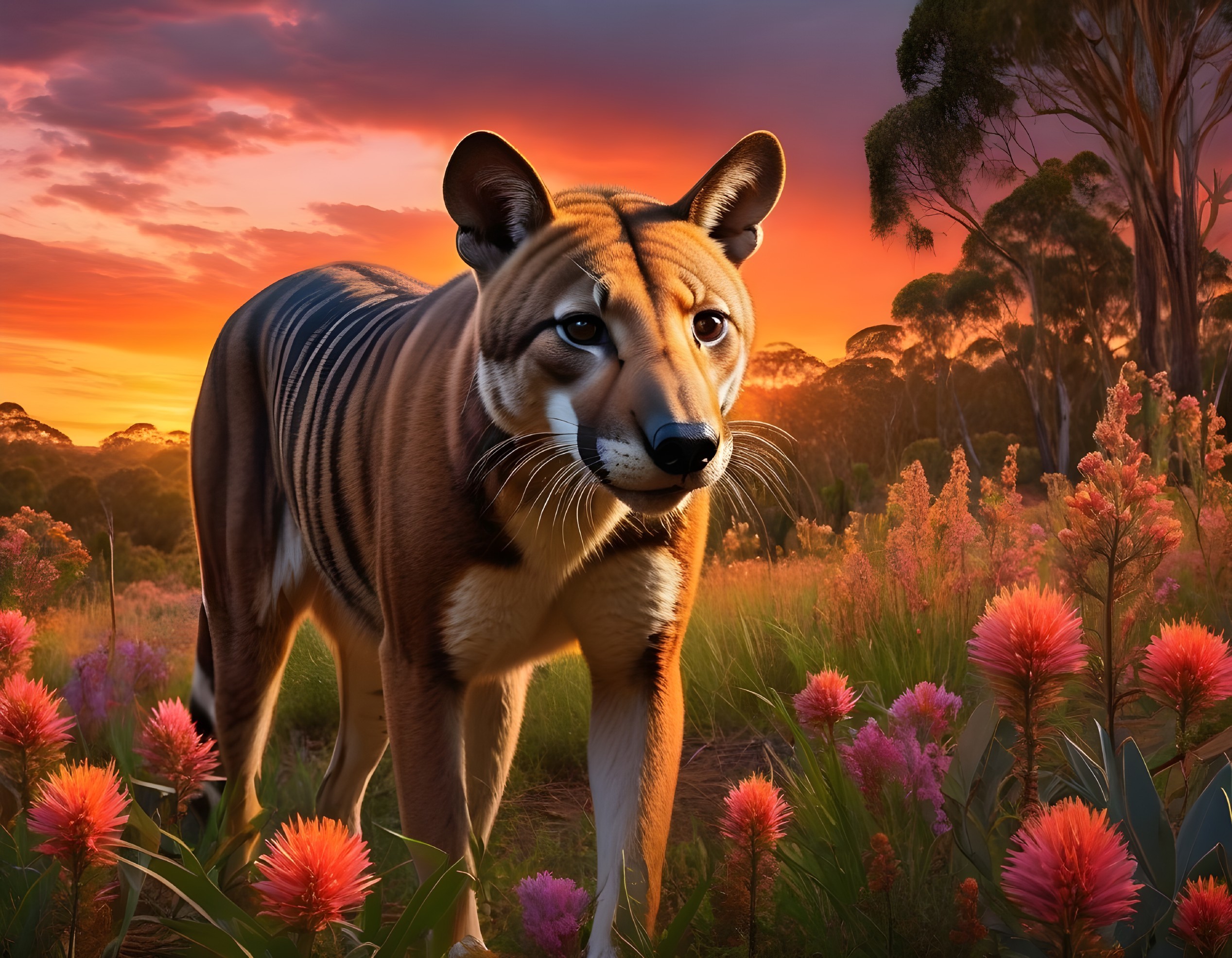 Striking Creature Amidst Vibrant Flowers at Sunset