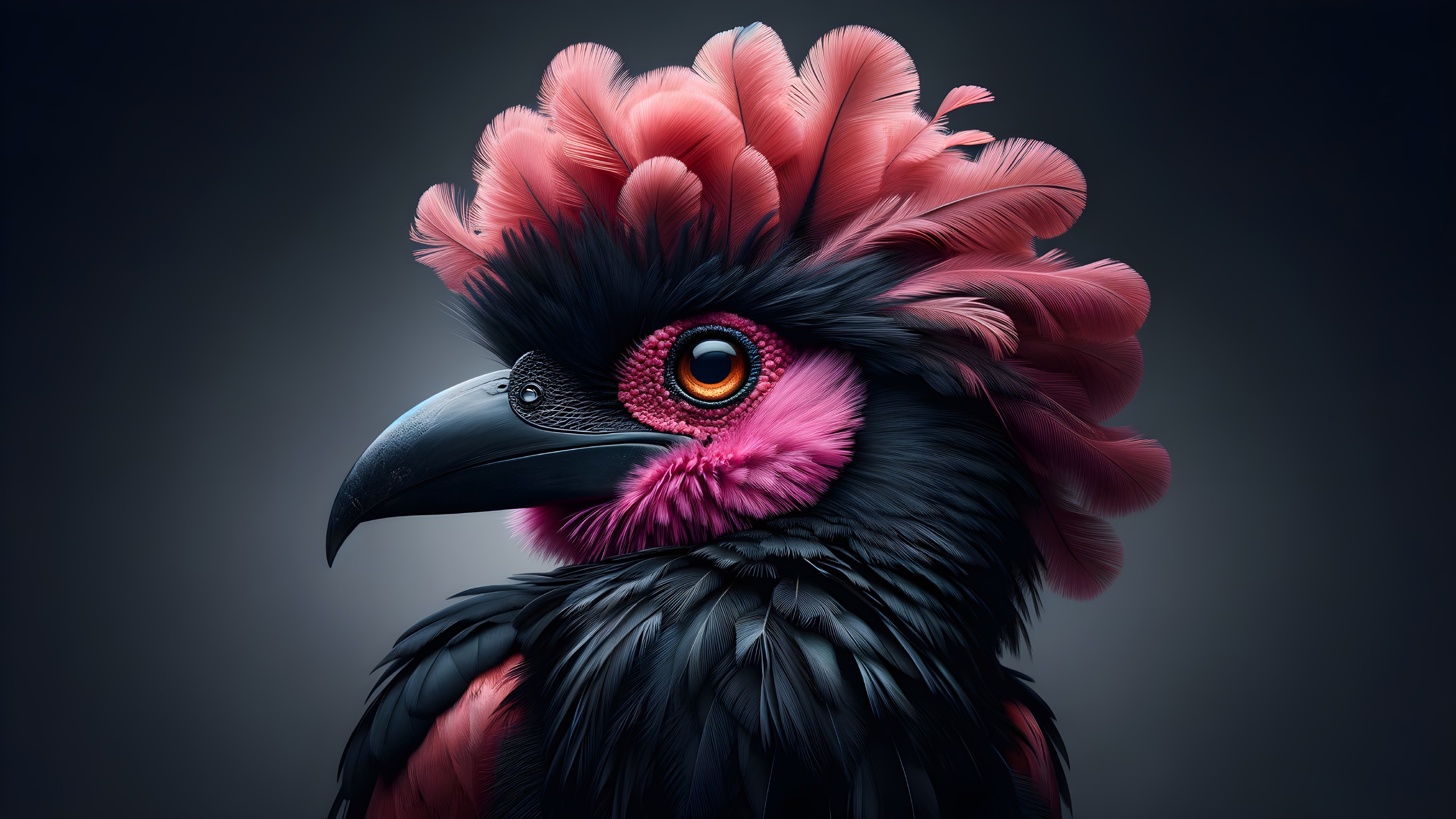 Vibrant Bird with Pink Crest and Dark Plumage
