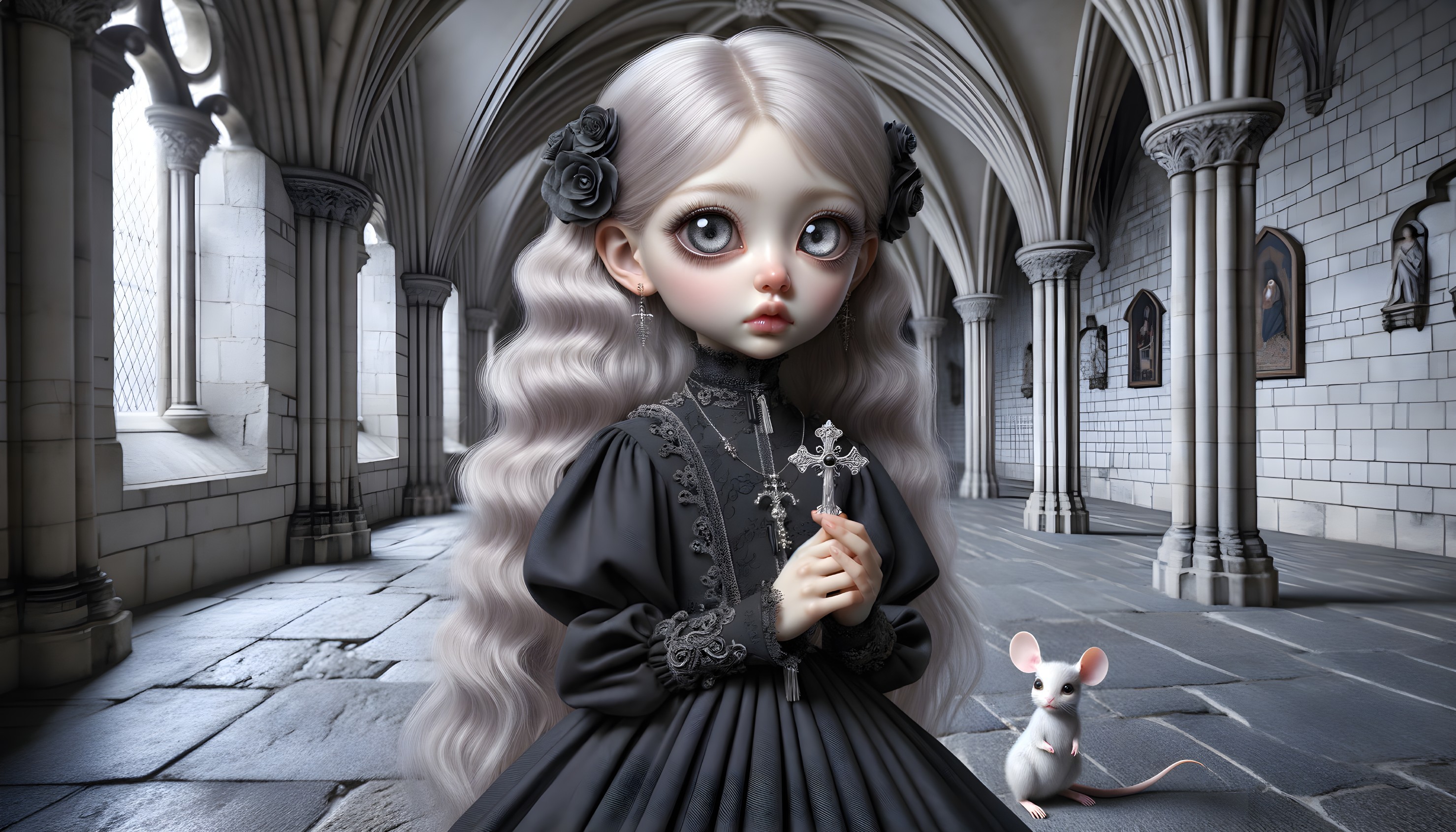 Young girl in gothic hall with silver hair and cross