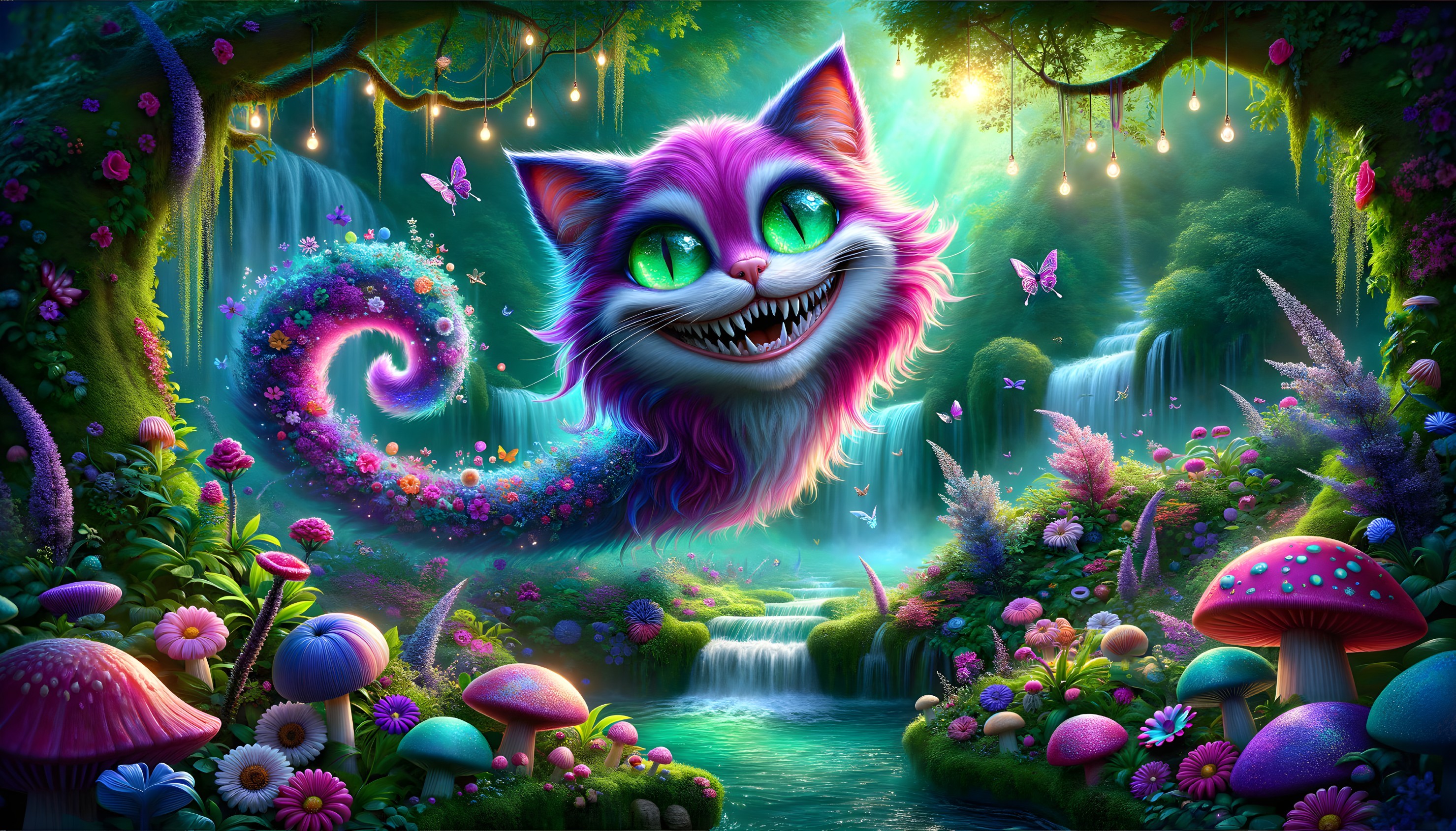Whimsical Scene of a Colorful Cat in a Fairy Landscape
