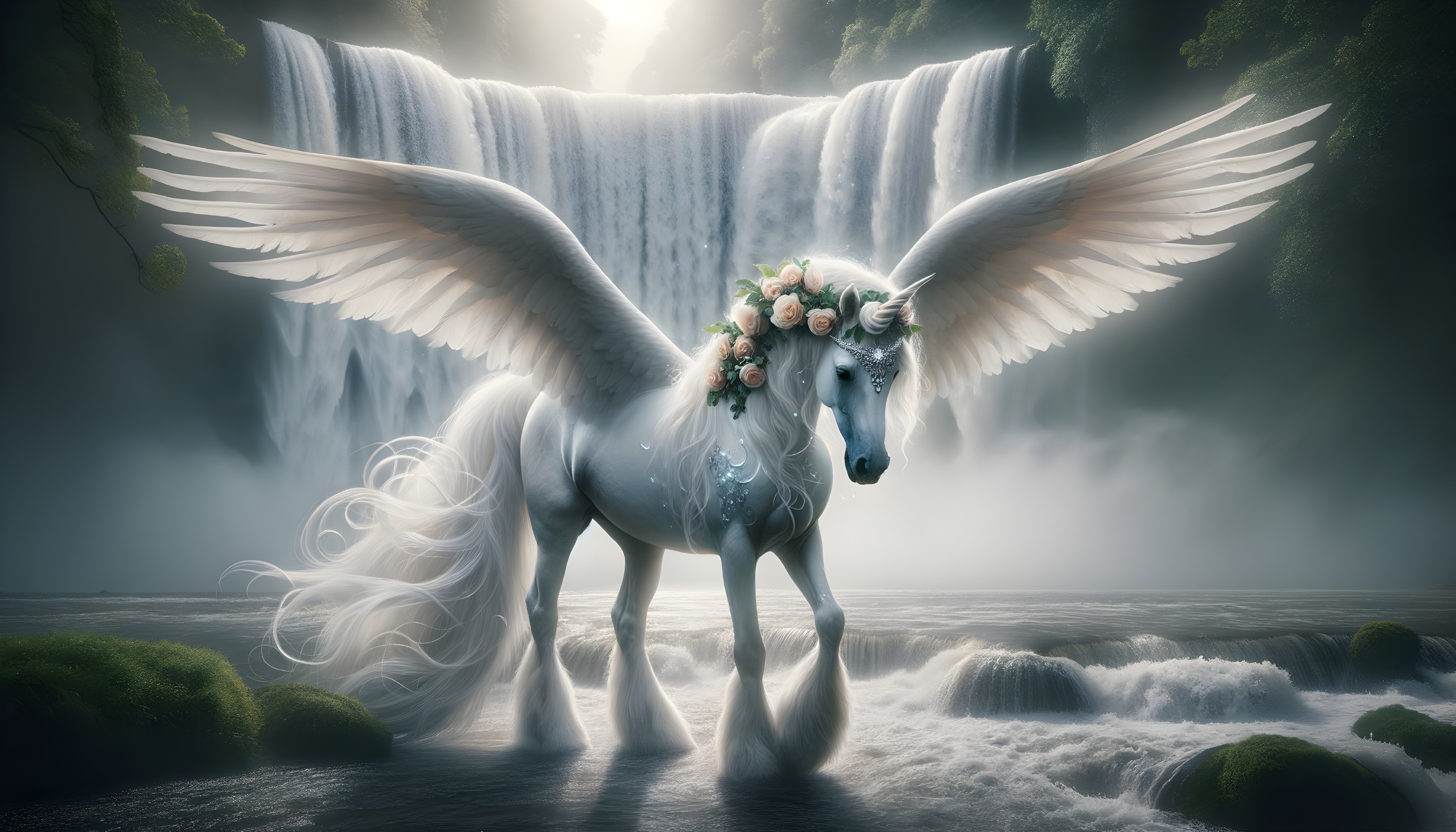 White Unicorn with Wings by a Serene Waterfall