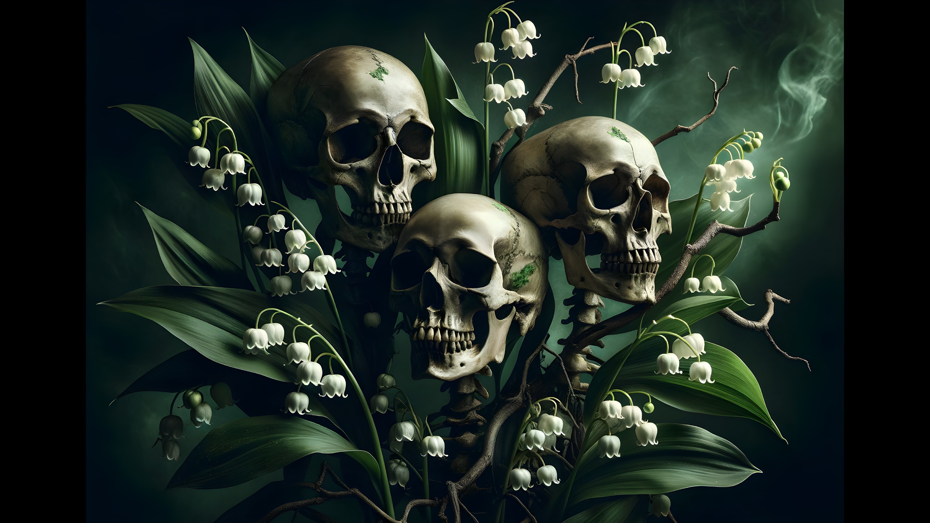 Still Life of Skulls with Green Decor and Lilies