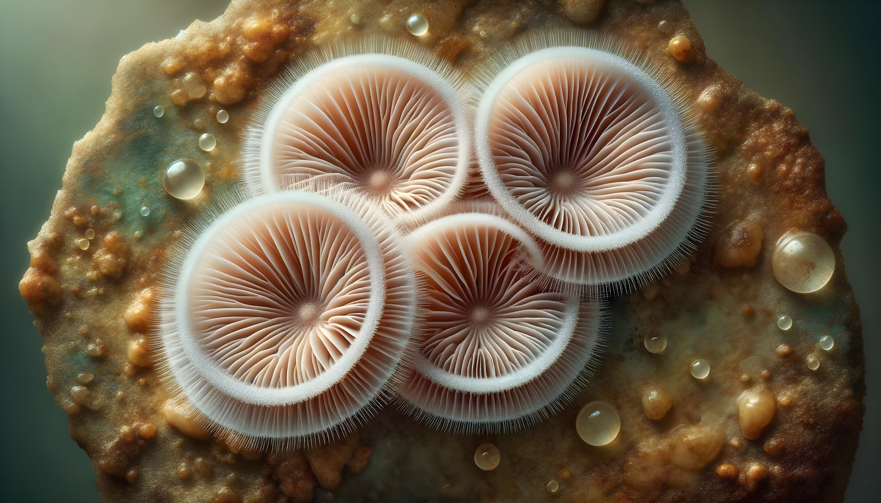 Close-Up of Delicate Mushroom-Like Fungi with Water Droplets