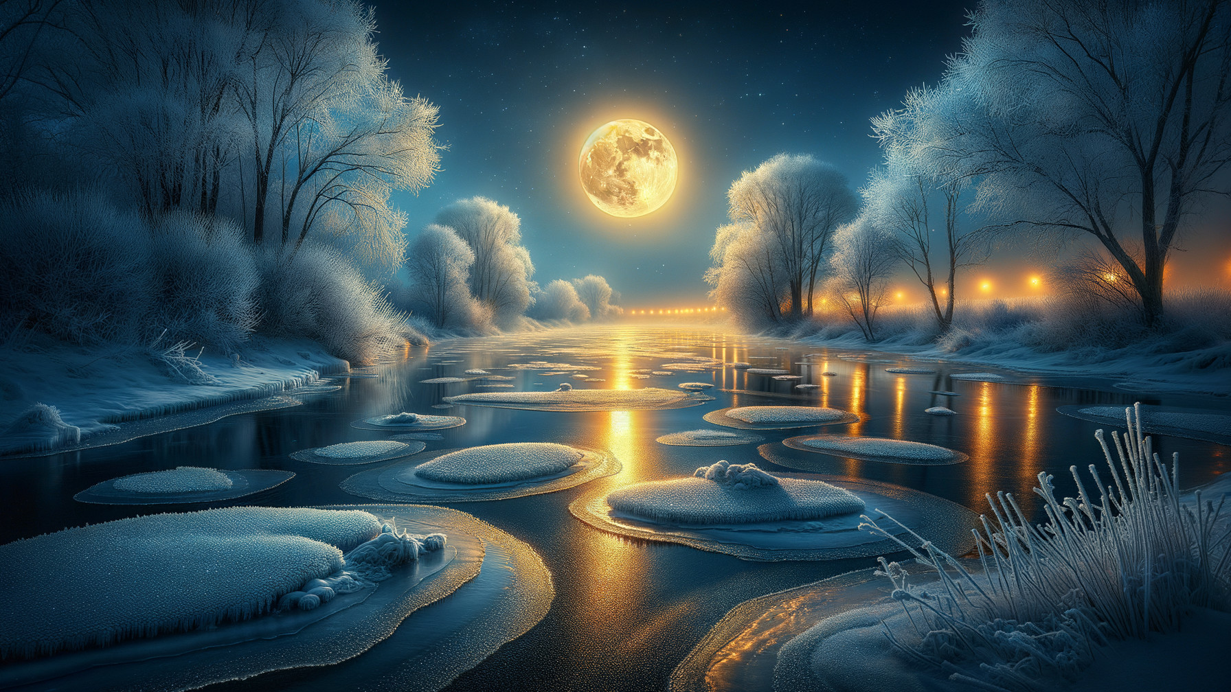 Serene Winter Landscape with Moonlit River and Snow