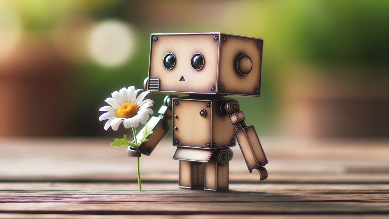 Small Robot Holding Daisy on Wooden Table