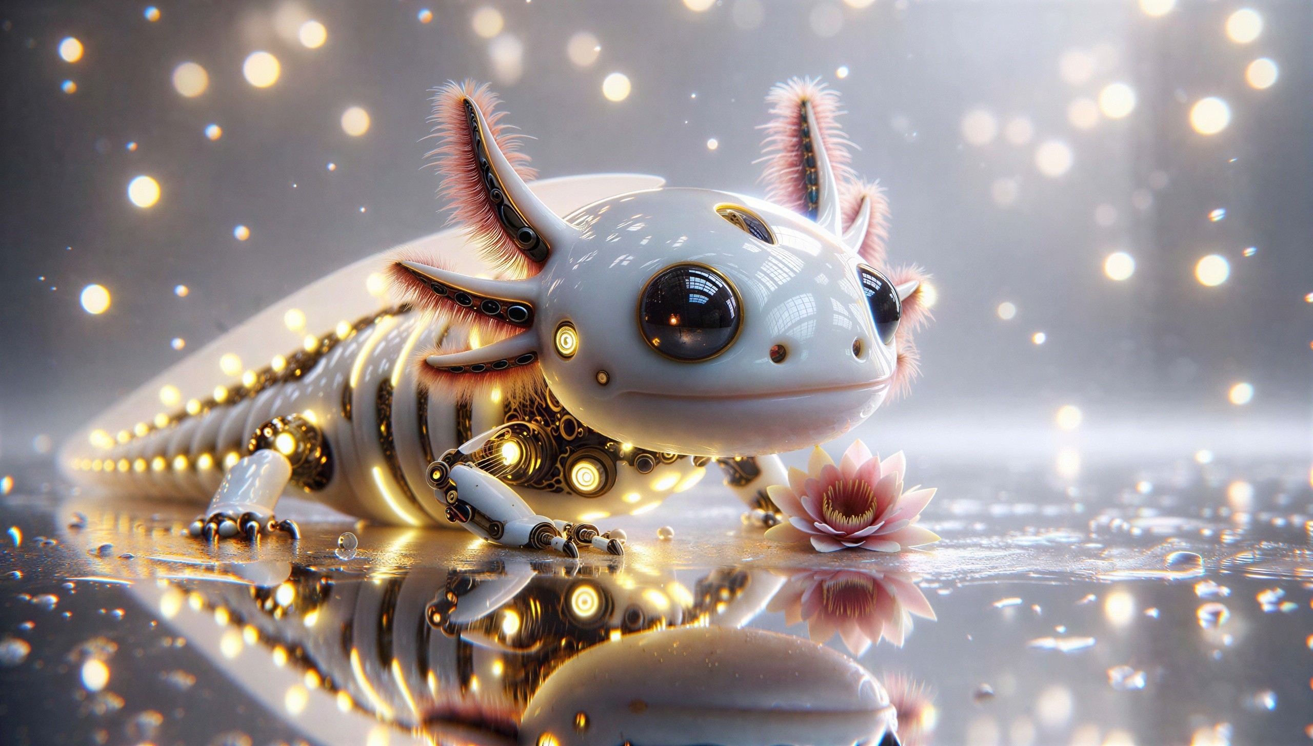 3D Render of Robotic Axolotl with Gold Accents