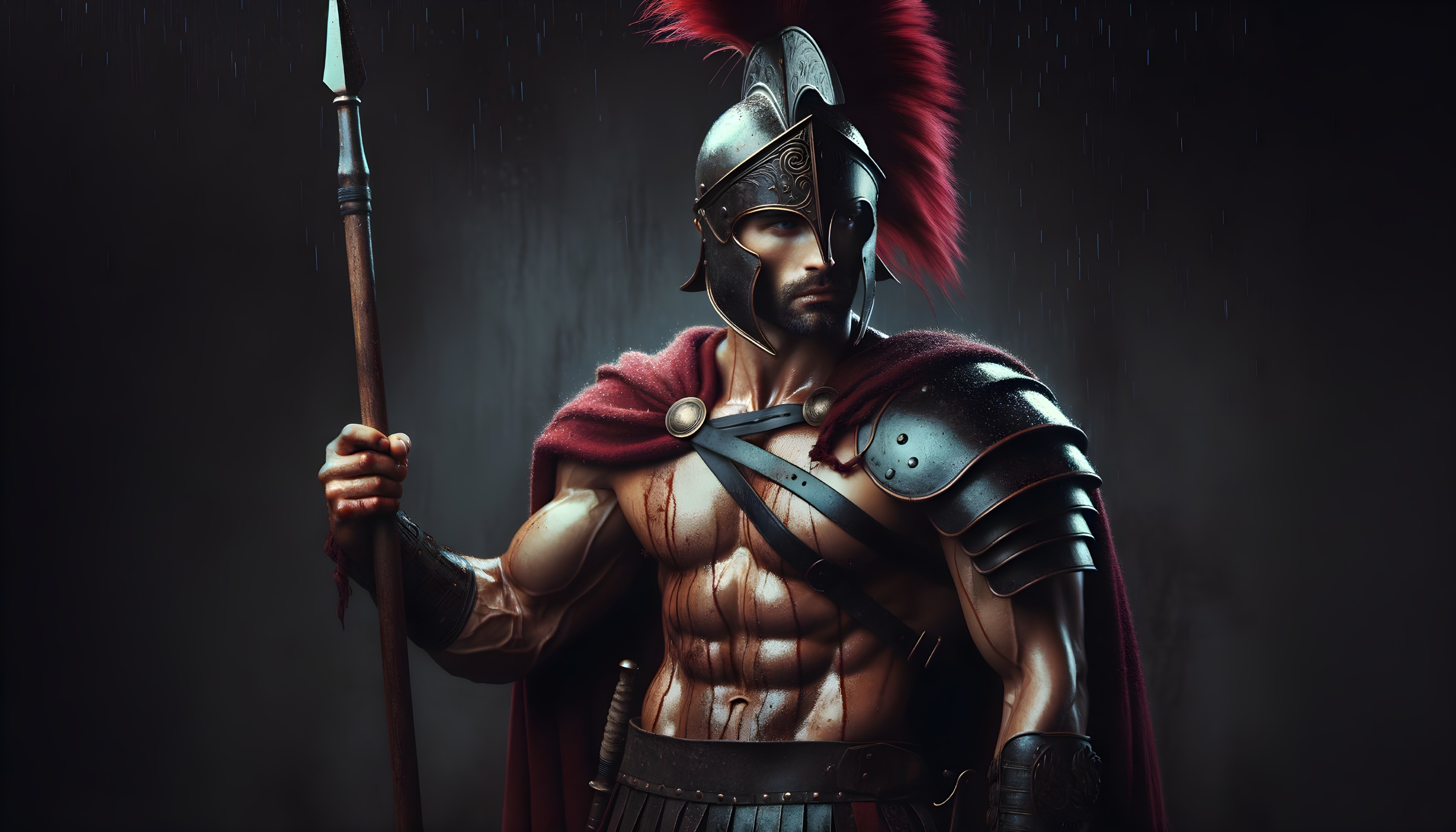 Fierce Warrior in Detailed Armor with Crimson Cape