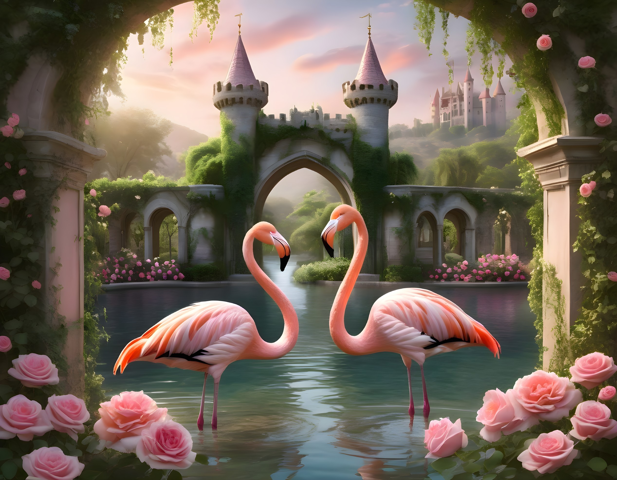 Elegant Flamingos in a Fairy-Tale Pond Setting