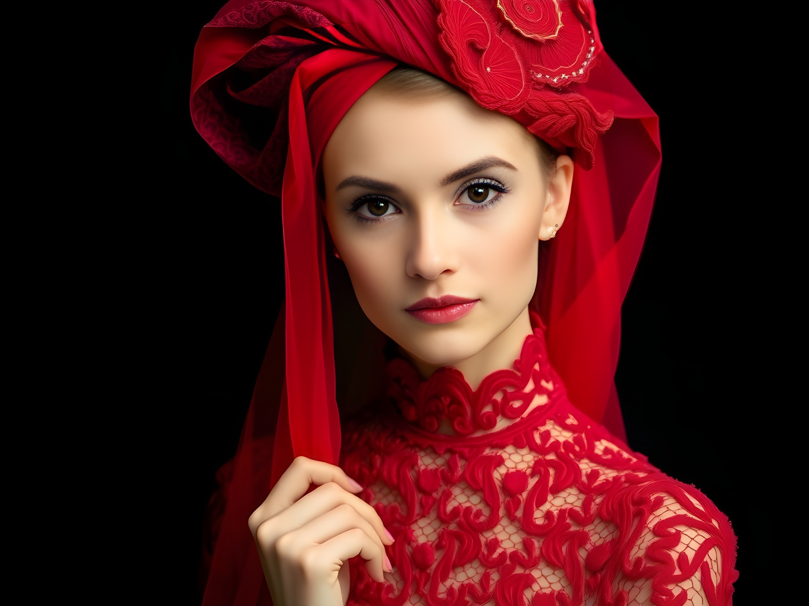 Elegant young woman in red lace ensemble with headpiece