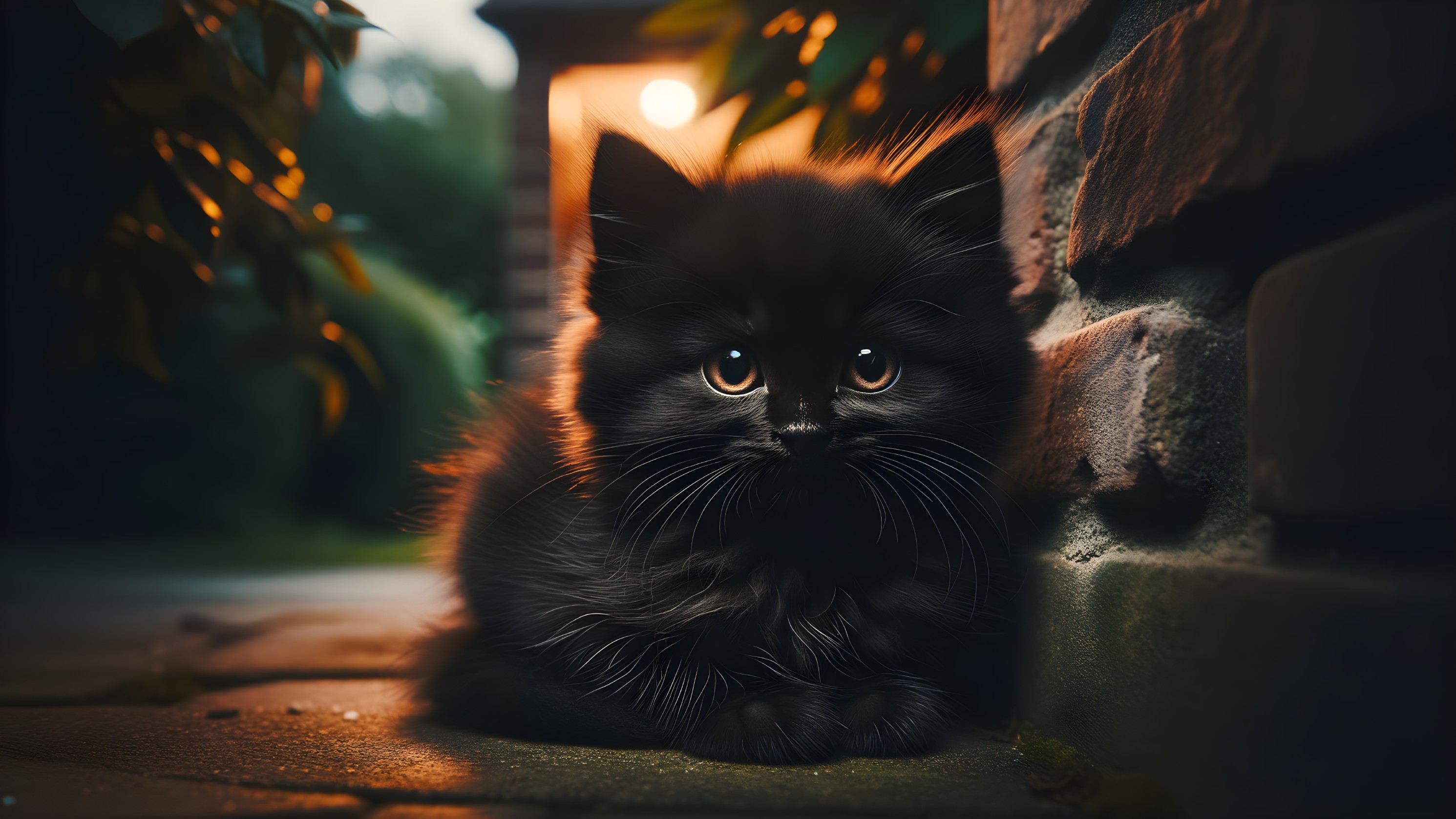 Fluffy black kitten resting by a brick wall in evening light