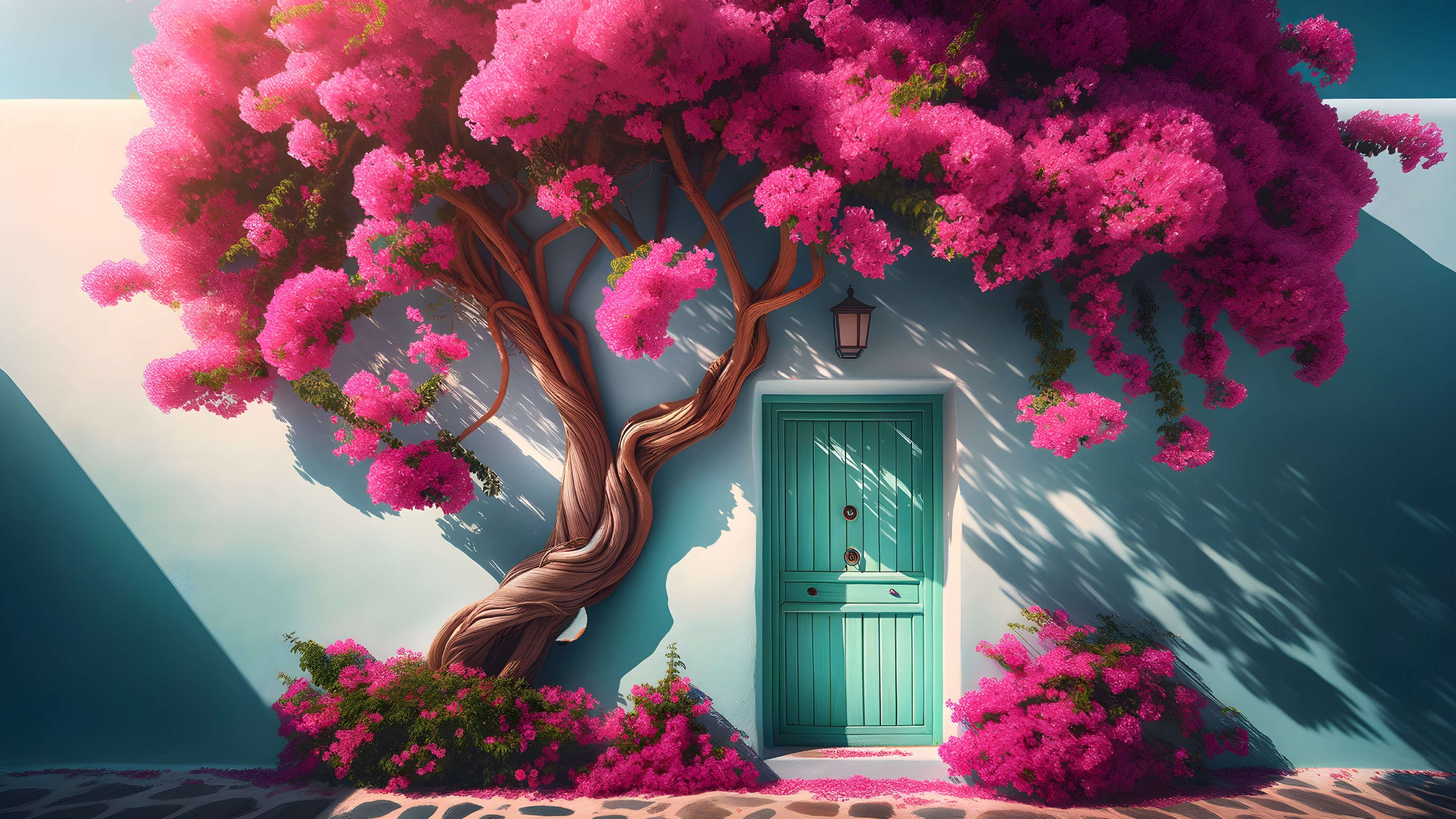 Twisted Tree with Bougainvillea by Turquoise Door