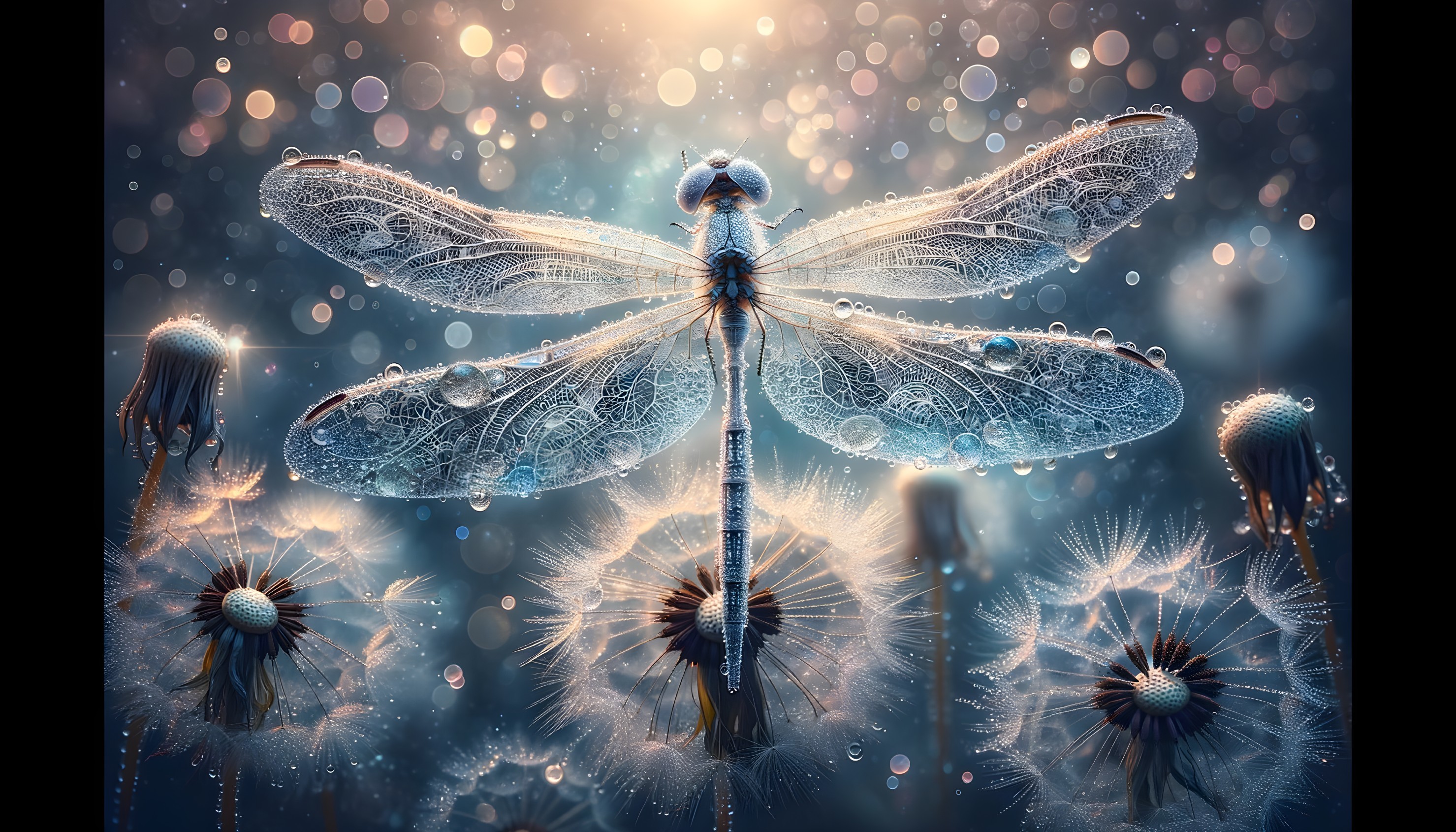Dragonfly with Lace Wings Above Dandelions in Dew