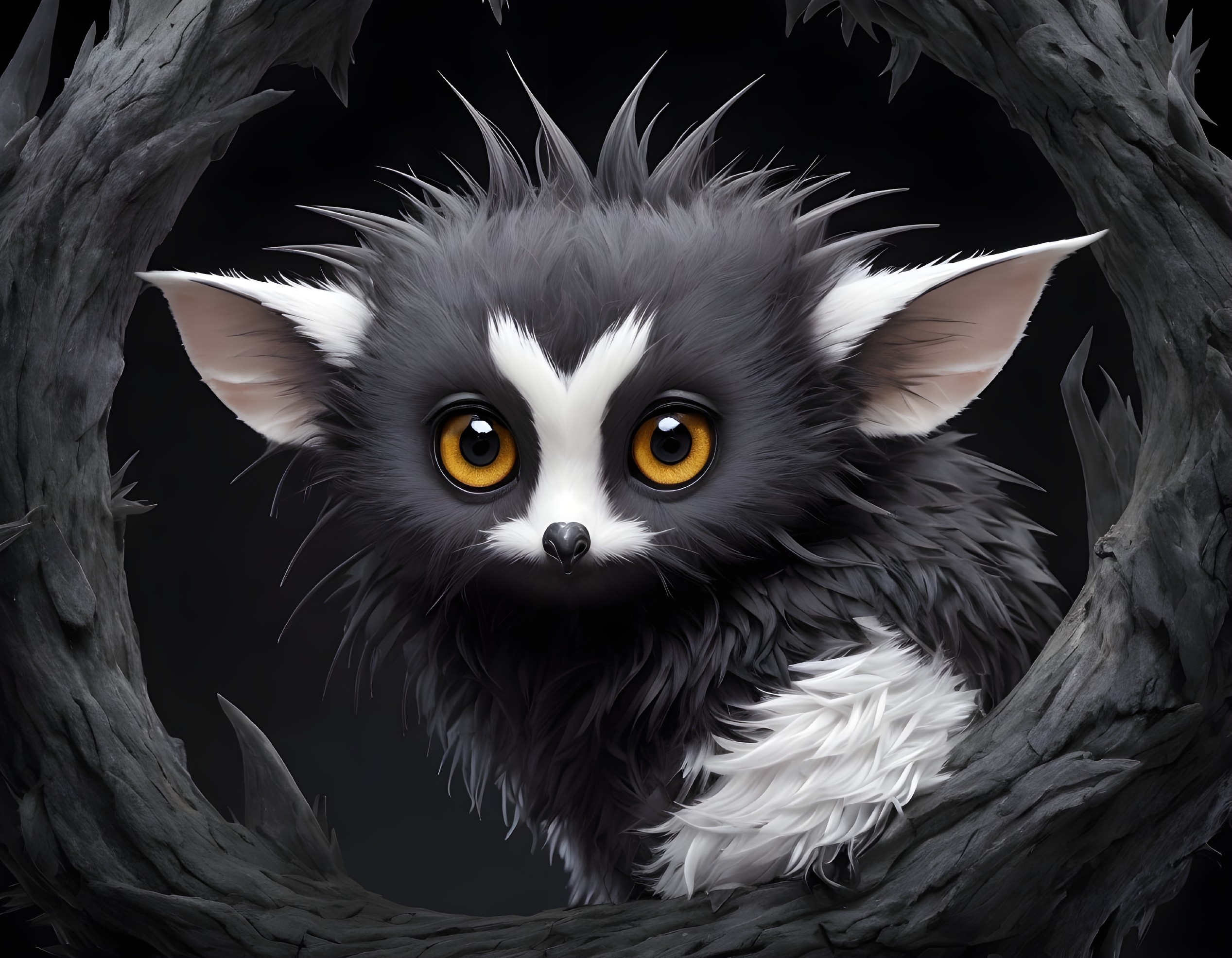 Whimsical Creature with Fluffy Black and White Fur
