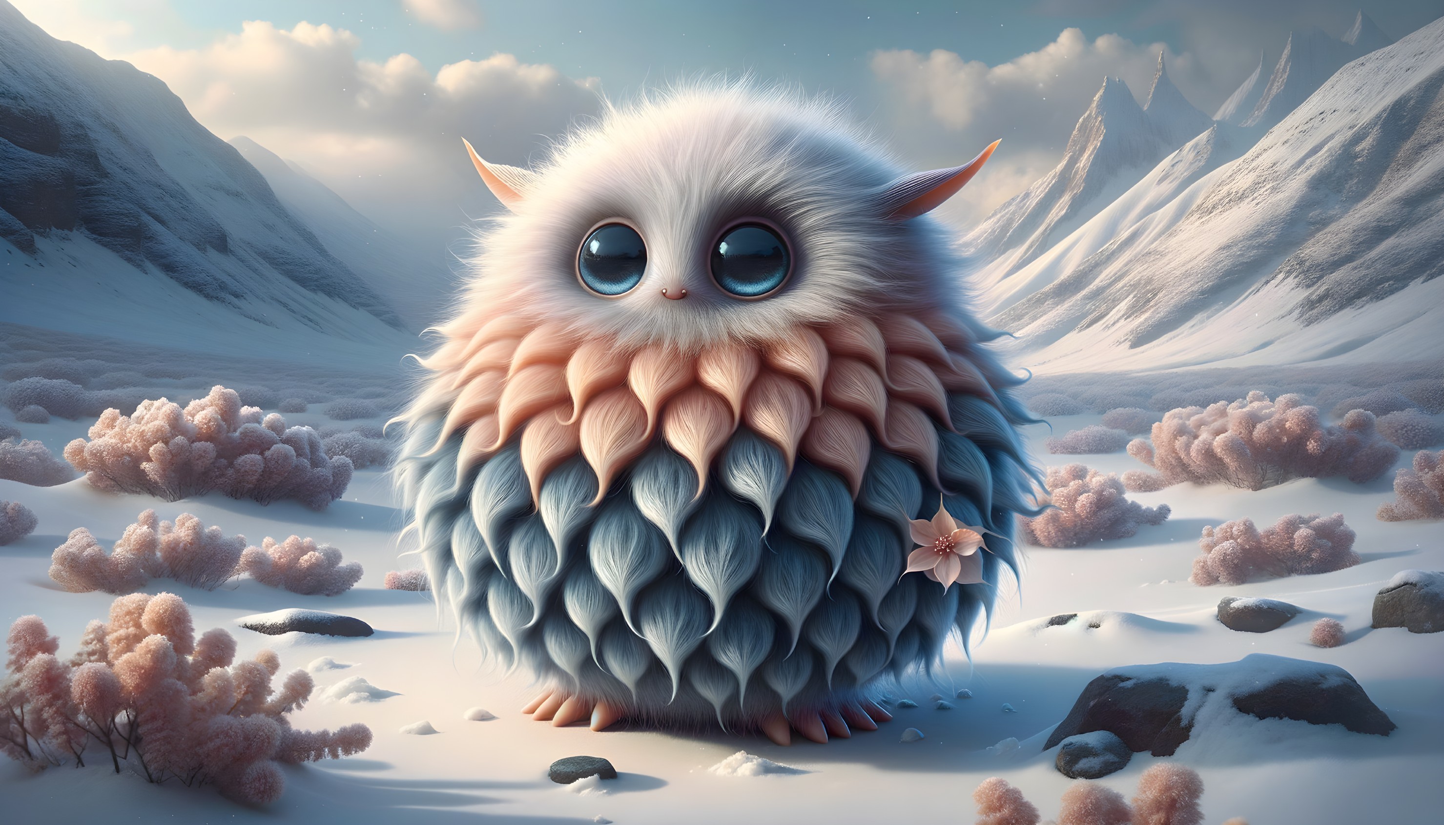 Whimsical Fluffy Creature in Snowy Landscape