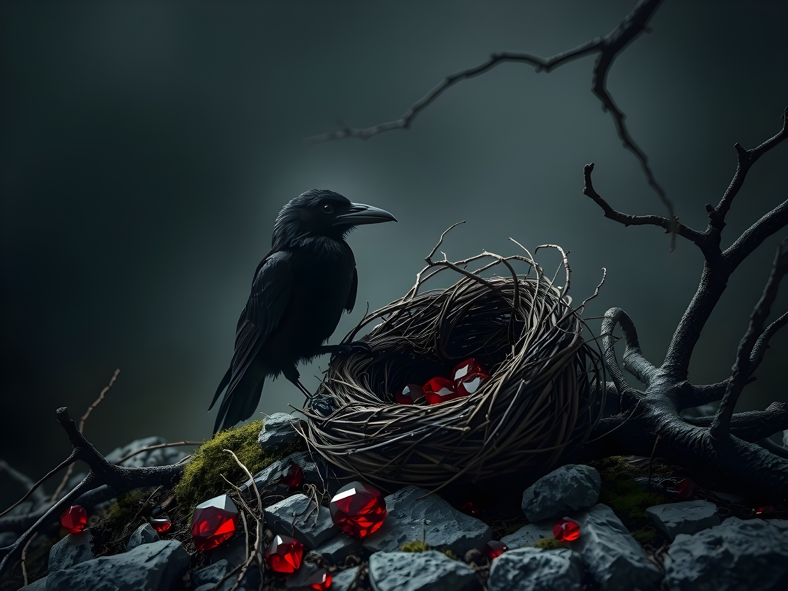 Raven by Nest with Red Gems in Misty Setting