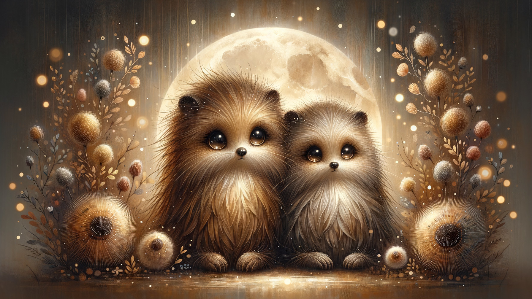 Whimsical Scene of Snuggling Hedgehogs under Moonlight