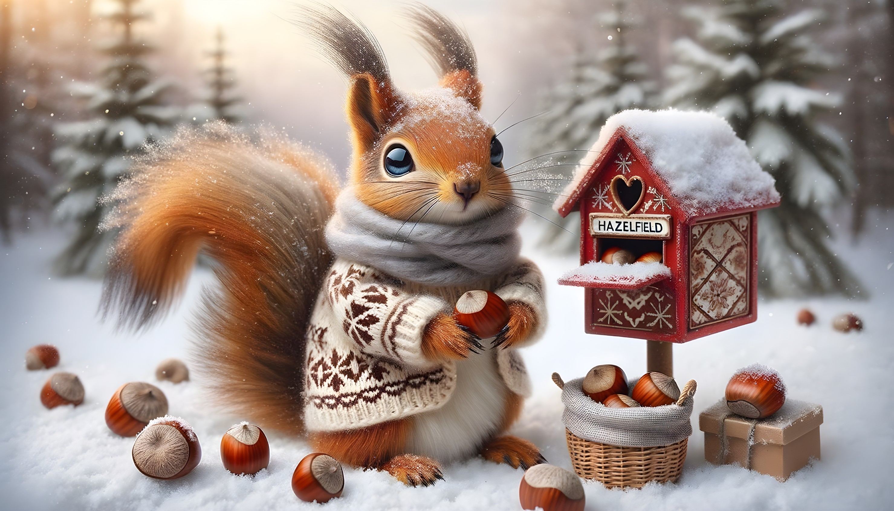 Squirrel in Sweater Amidst Winter Landscape and Hazelnuts