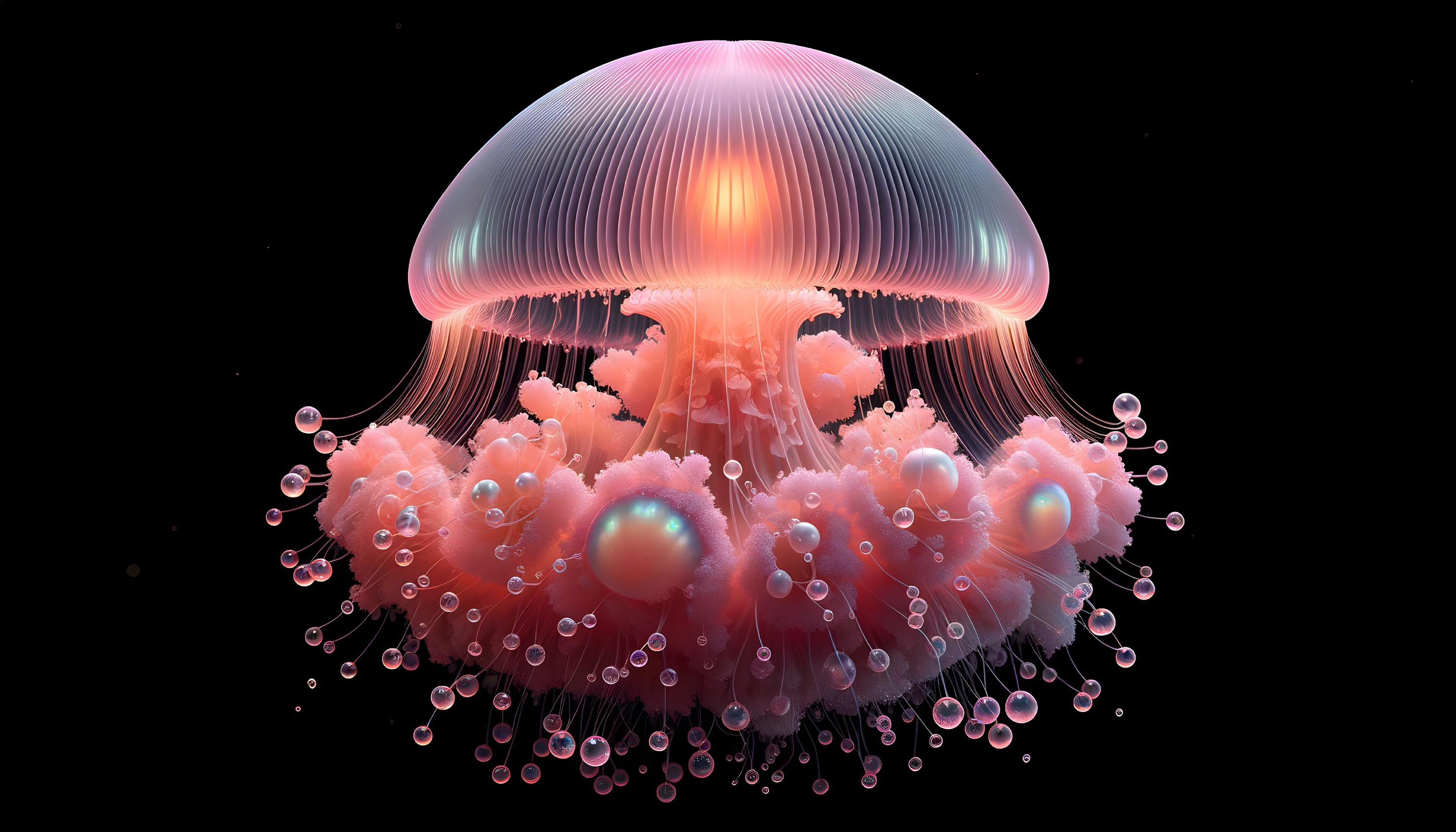 Luminous jellyfish glows in dark underwater scene