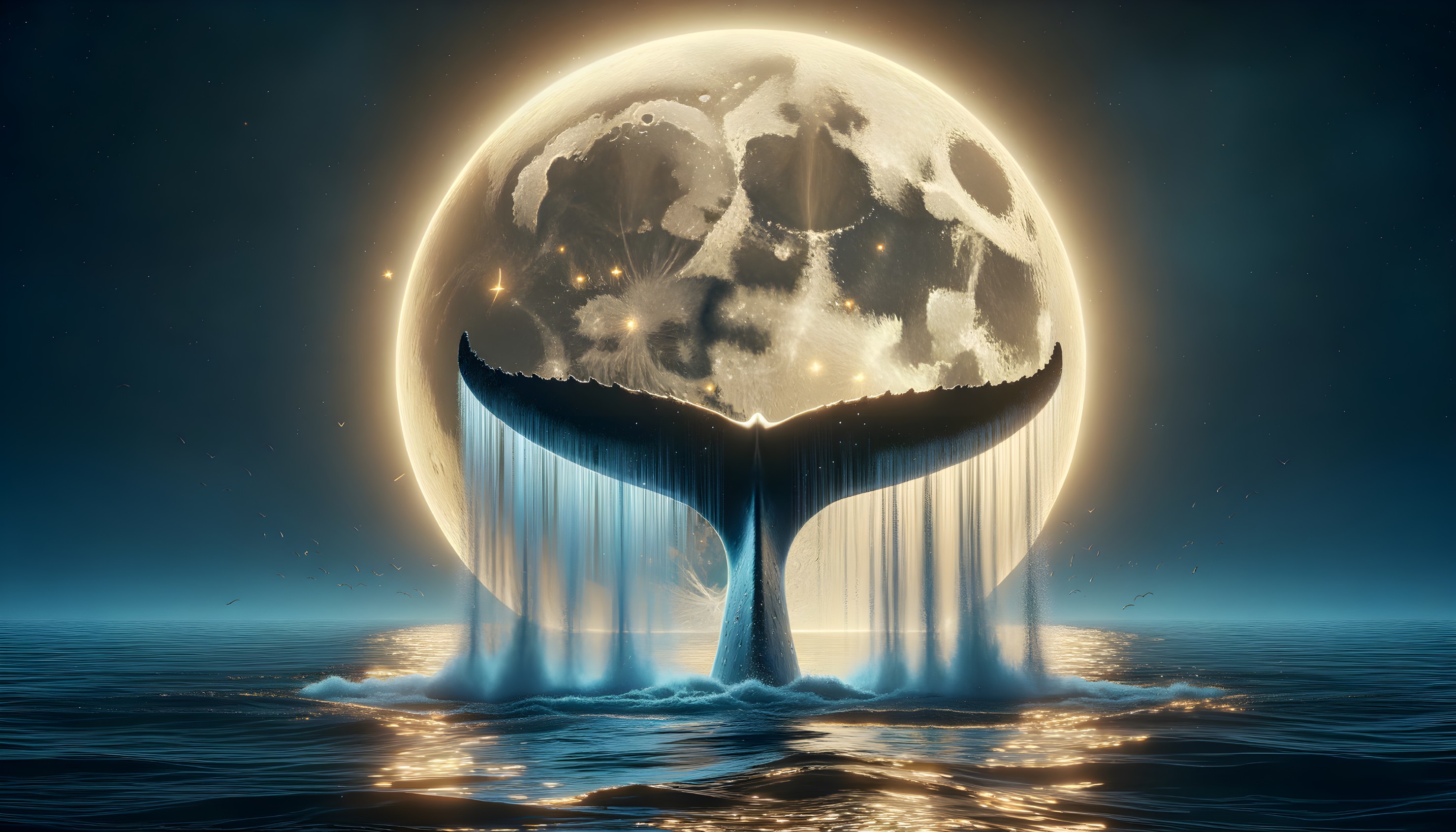 Whale Tail and Waterfalls Under Full Moonlight