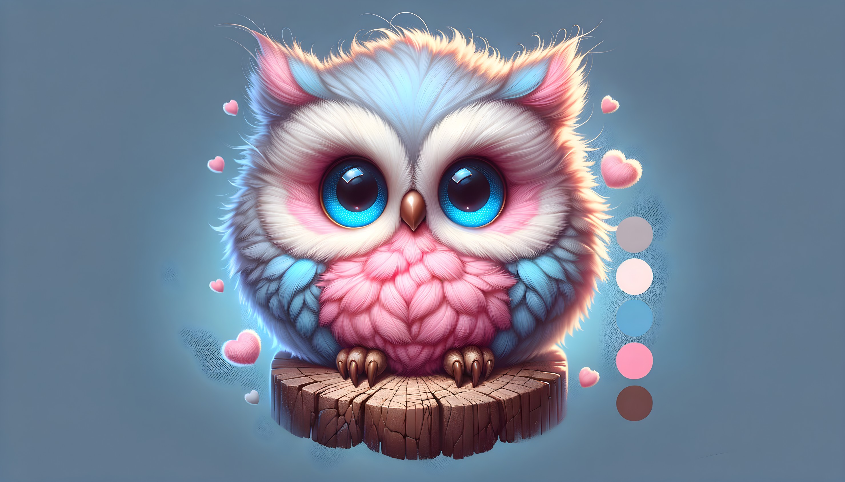Cartoon Owl with Pastel Feathers and Floating Hearts