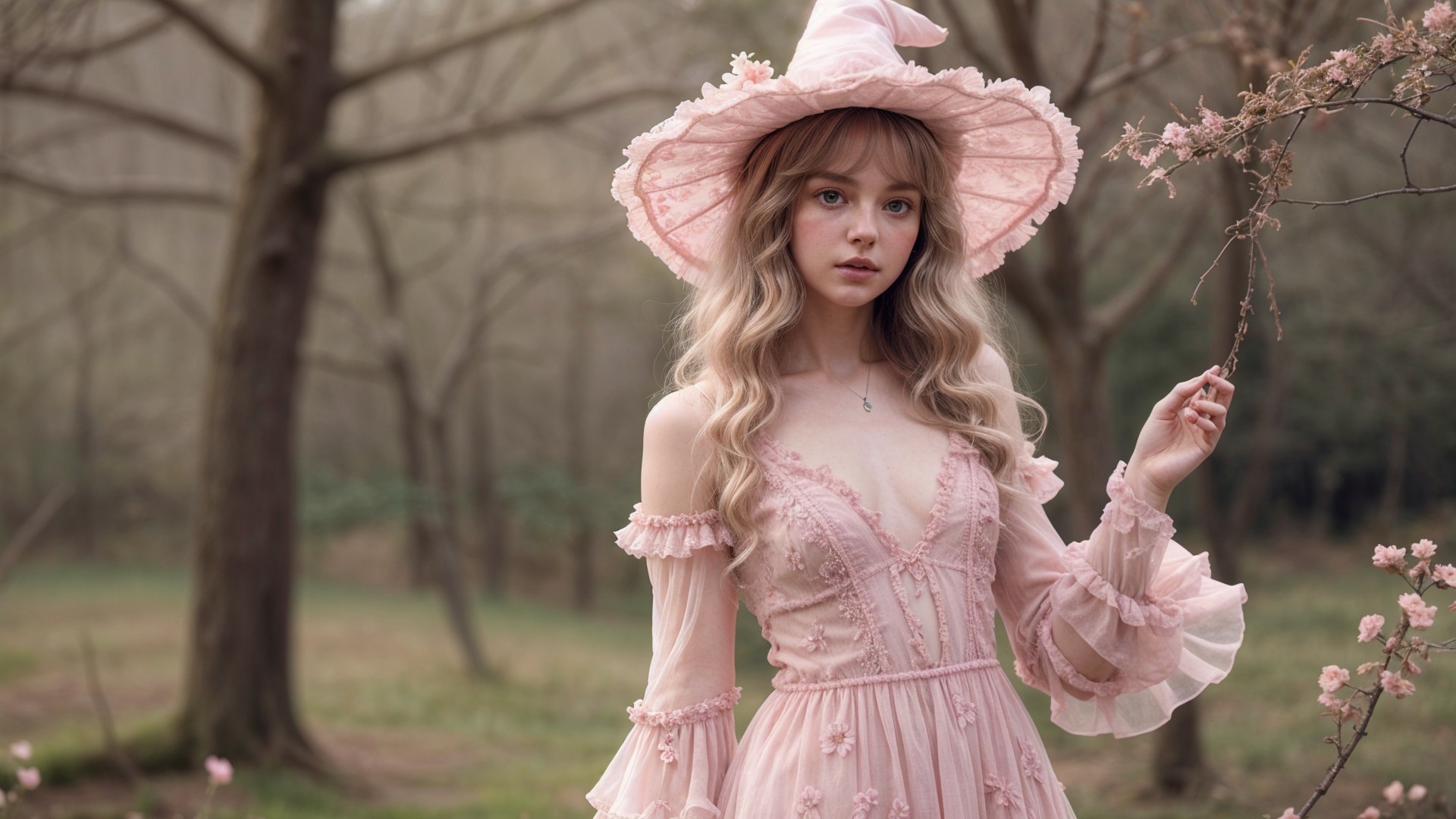 Young woman in pale pink dress in a forest setting