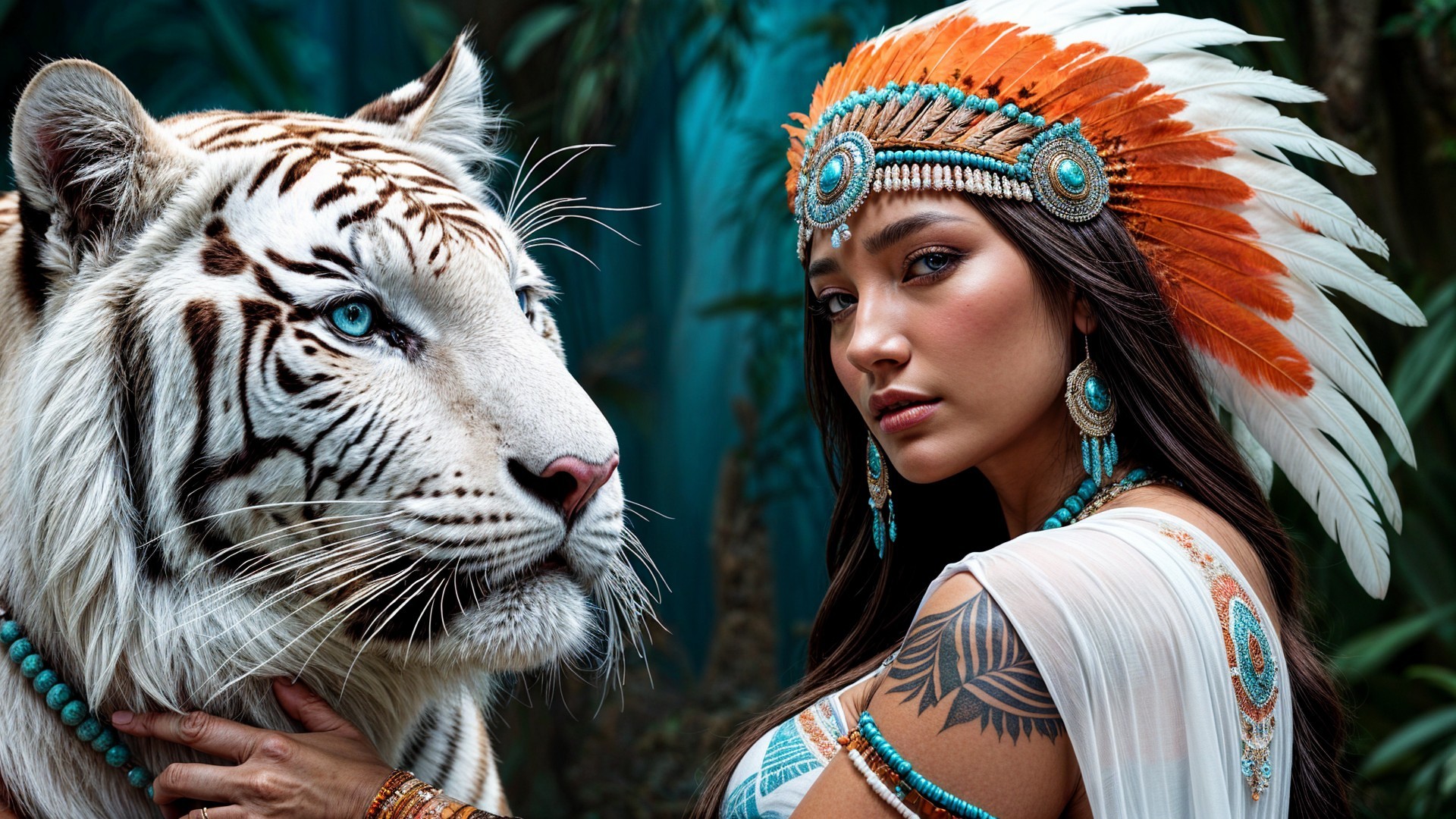 Woman in traditional attire with white tiger backdrop