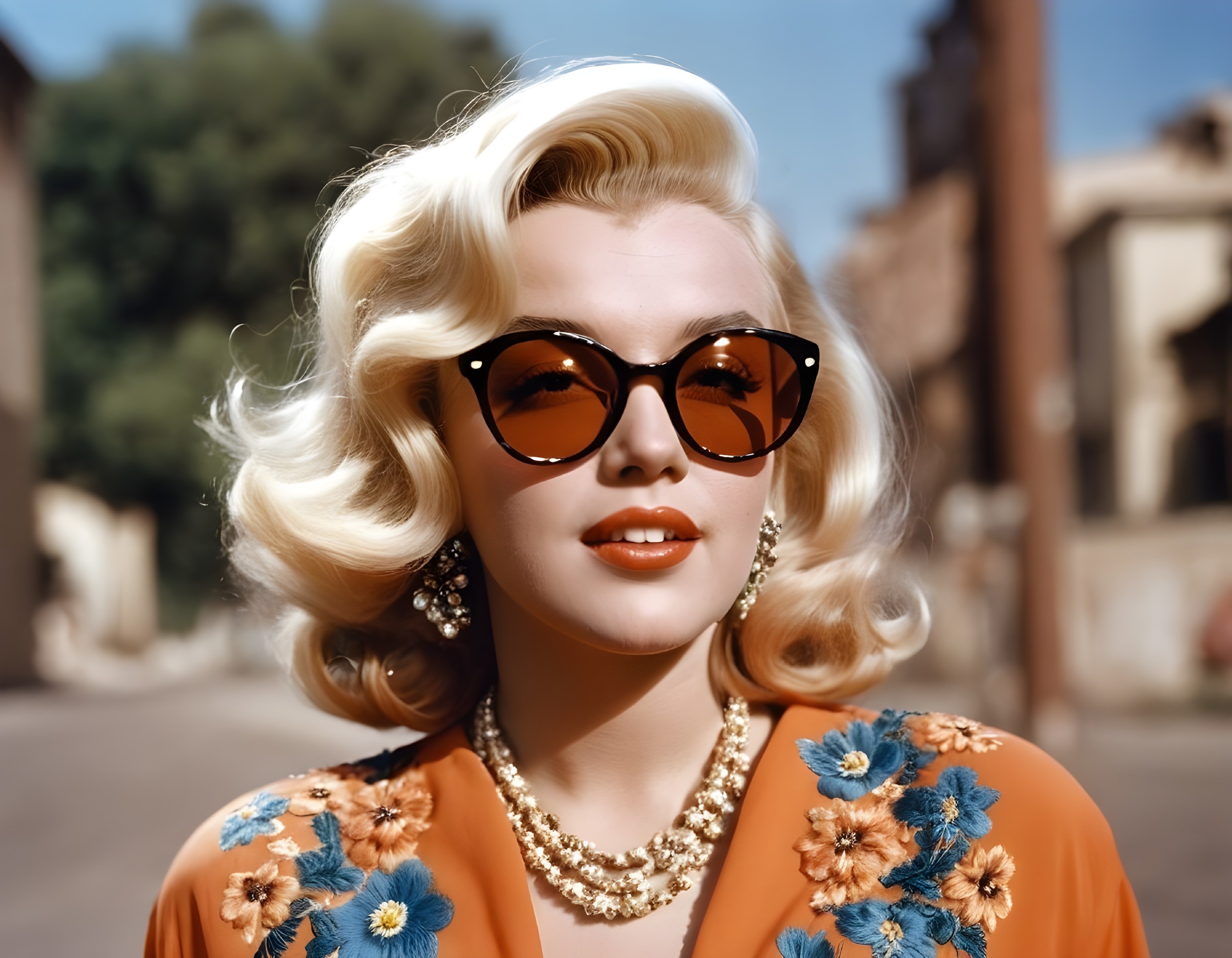 Glamorous Woman in Floral Blouse with Vintage Charm