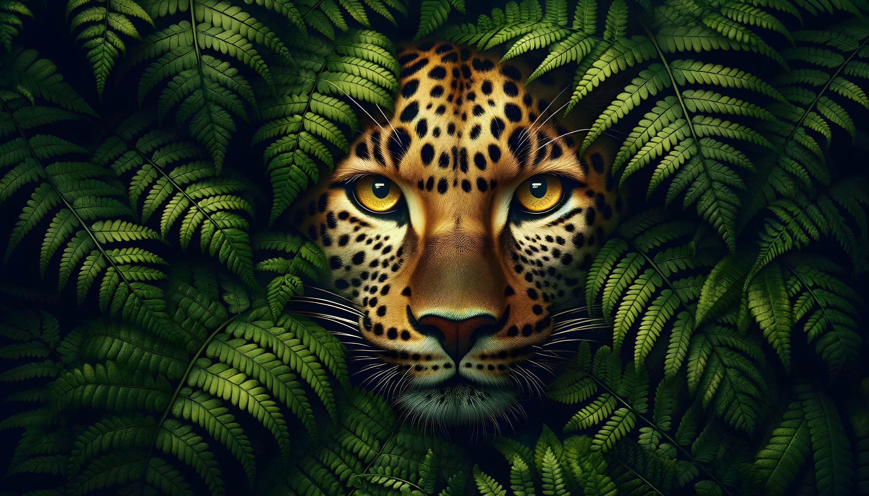 Leopard Among Green Ferns in Jungle Setting