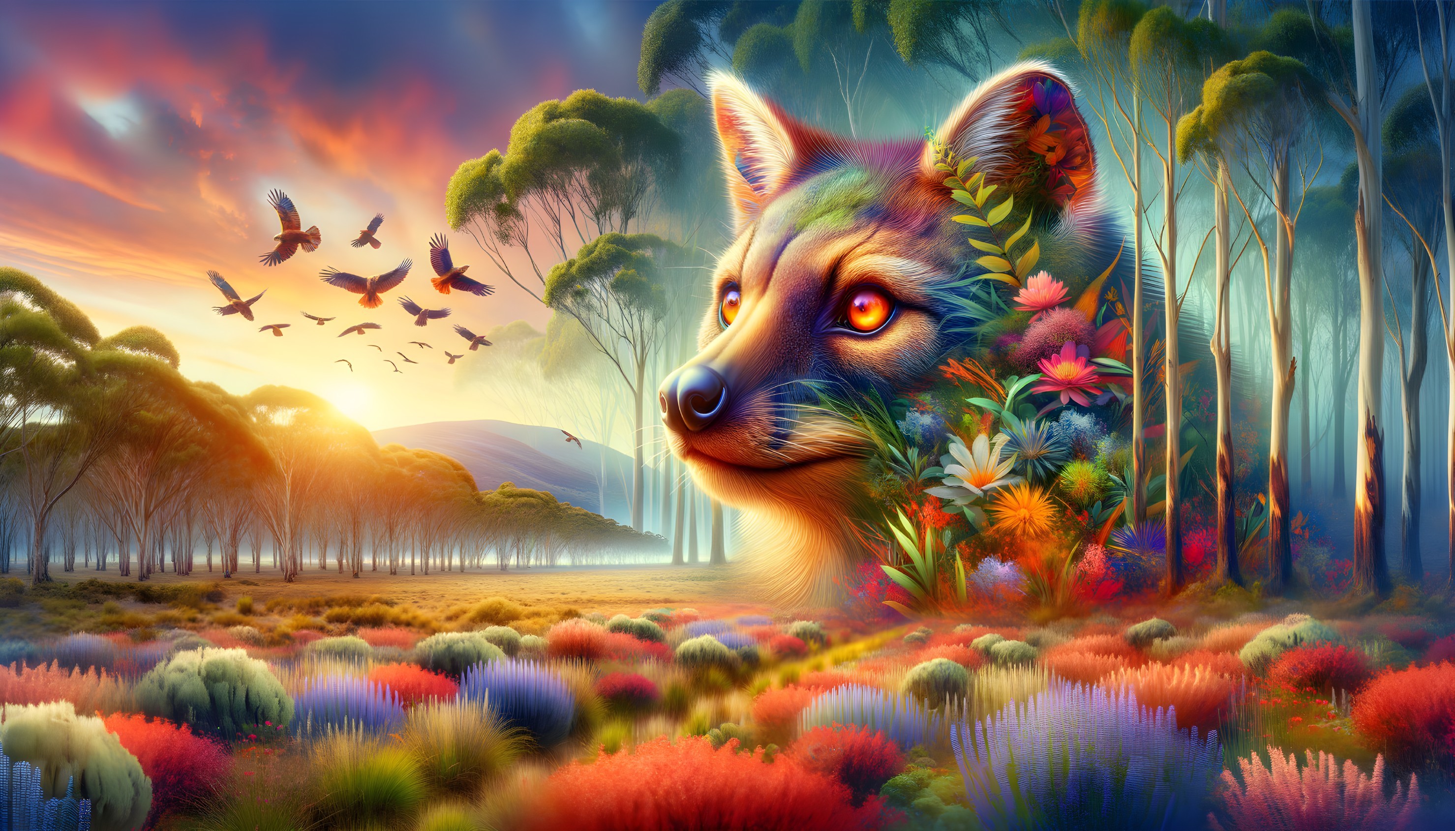Colorful Landscape with Fox Head and Blooming Garden